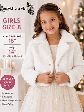 Earthworks Girls Size 8 White Faux Fur Teddy Jacket Satin Lined Dressy